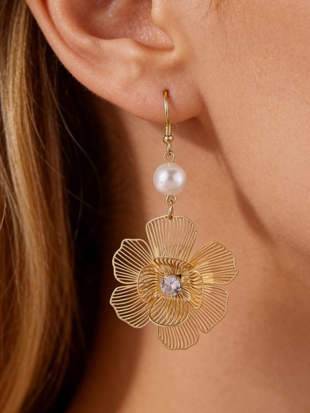 Anthropologie Gold Flower Drop Earrings with Pearl - Picture 3 of 6